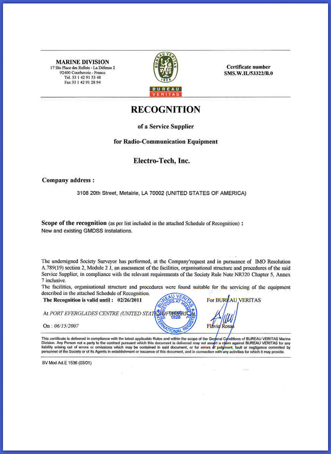 Bureau Veritas Recognition Certificate