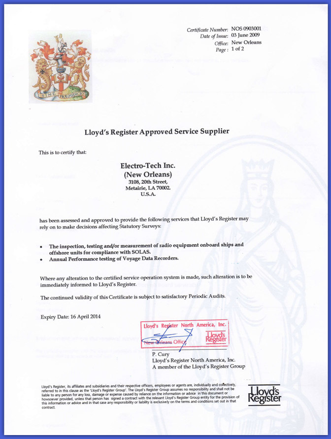 Lloyd's Register Certificate