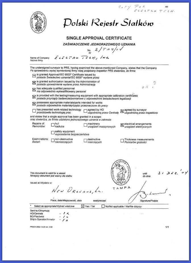 Polski Rejestr Statkow Certificate